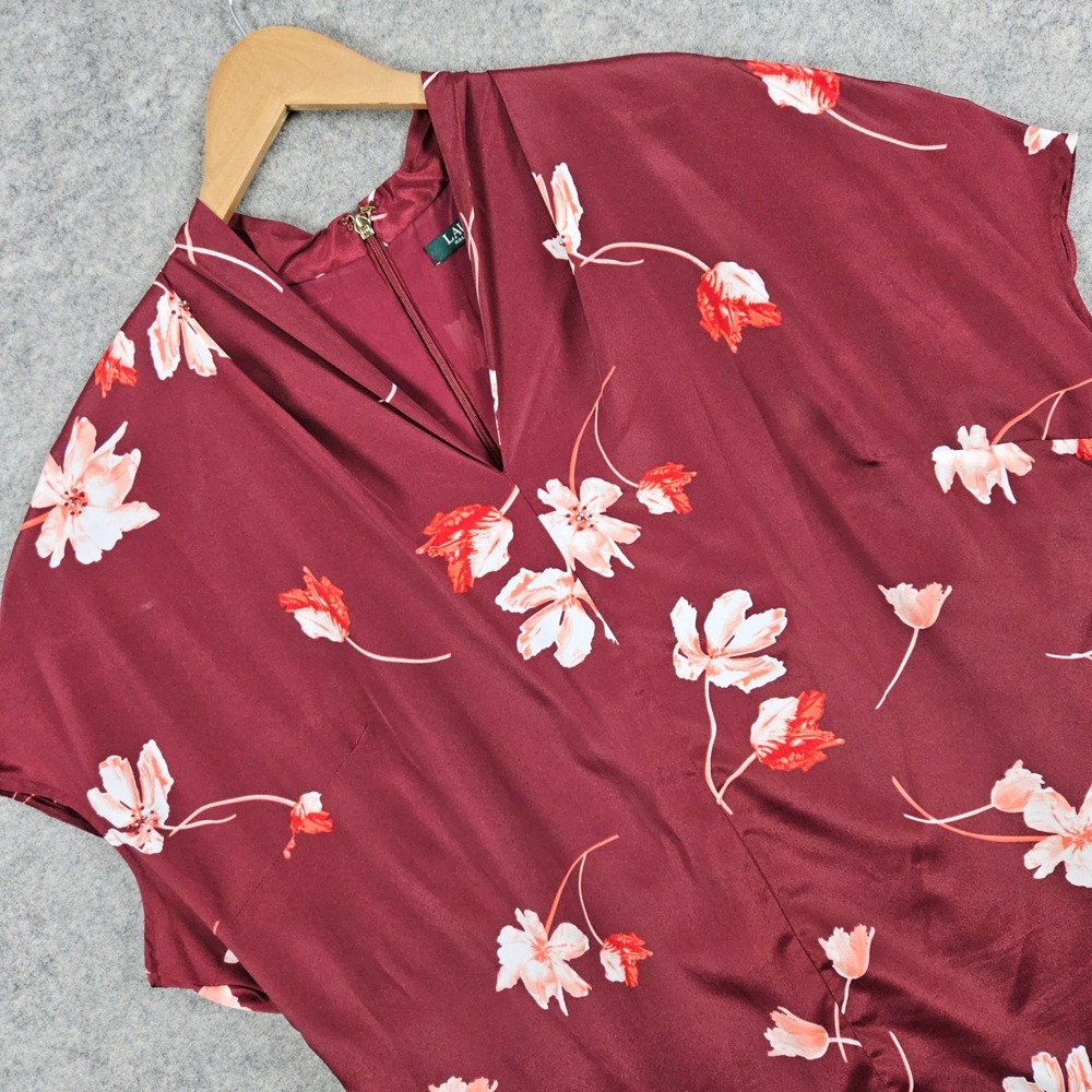 Lauren Ralph Lauren Women's Burgundy Floral Beaded V-Neck Shift Dress Tunic Zip
